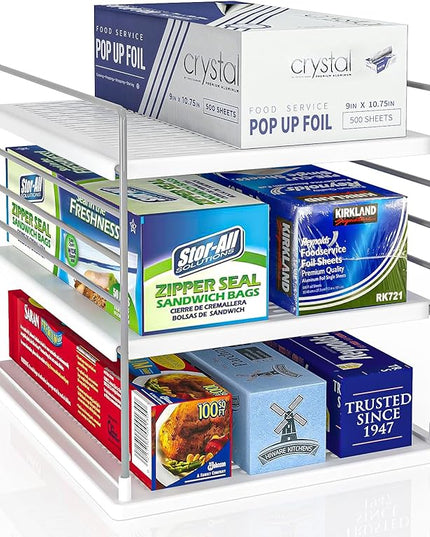 Pantry Organizers and Storage, Foil and Plastic Wrap Organizer- Divided Compartment Holder for Aluminum Foil&Wraps&Baggie Boxes, Upgraded Shelf Organizer for Pantry Organizer, Pantry Storage