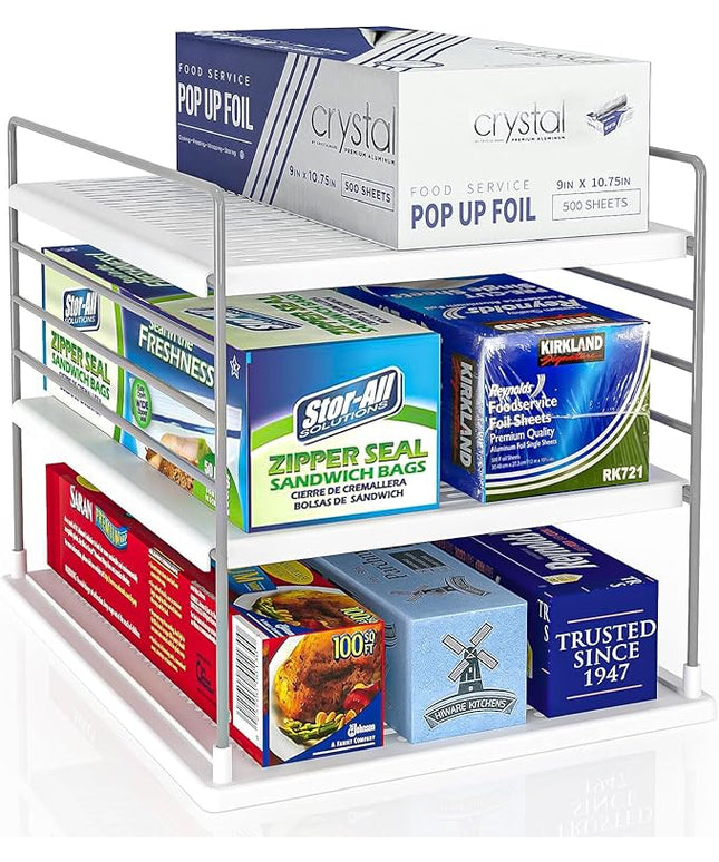 Pantry Organizers and Storage, Foil and Plastic Wrap Organizer- Divided Compartment Holder for Aluminum Foil&Wraps&Baggie Boxes, Upgraded Shelf Organizer for Pantry Organizer, Pantry Storage