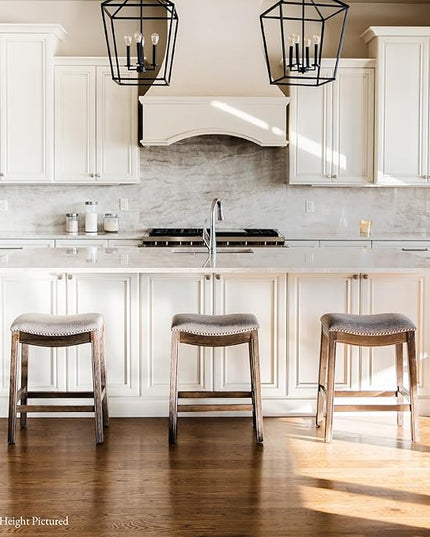 Maven Lane Adrien Backless Bar Stool – Set of 4 – 31 Inch Saddle Seat with Footrest – Brown Solid Wood Frame & Grey Fabric Upholstery – Ideal for Bars, Pub Tables & Tall Kitchen Counters