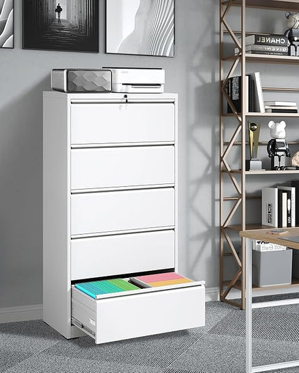 5 Drawer Metal Office Storage Filing Cabinet with Lock, White Lateral File Cabinet for Home Office, Horizontal Locking for Legal/Letter/A4, Assembly Required