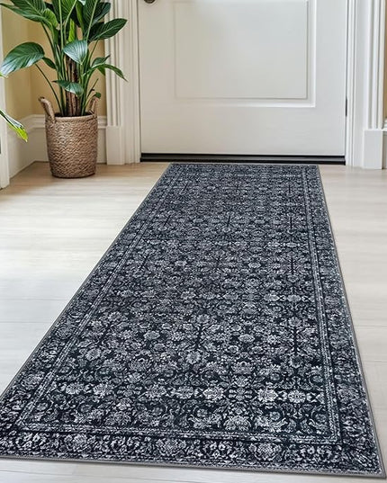 2x5 Washable Runner Rug Black Small Area Rugs for Entryway, Soft Non-Slip Indoor Door Mat Distressed Floral Low-Pile Neutral Vintage Carpet for Entrance Kitchen Bedside Farmhouse