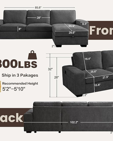 PARKOL 102" L-Shaped Sectional Couch with Storage, Sofa with Reversible Chaise, USB Type-C Charging, Chenille Fabric, Removable Cushion Covers, for Small Space, Apartment, Living Room, Dark Gray