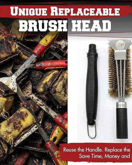 KITCHEN PERFECTION Brass GrillSaver - Safe BBQ Grill Brush with Replaceable Cleaning Head -Heavy-Duty Grill Cleaner w/Scraper for Porcelain & Ceramic Grates, Includes Magnetic Hanger & Bottle Opener