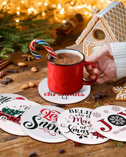 6 Pcs Ceramic Christmas Coasters with Holder Best Absorbent Drink Coasters Set Cute Xmas Holiday Coaster Set Coffee Table Decor Funny Christmas Decoration Housewarming Gift Festive Cup Coasters