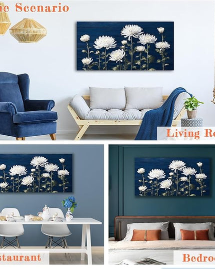 HUADAOART Canvas Art White Chrysanthemum Wall Decor Navy Blue Background 48 x 24 inches Contemporary Living Room Decor