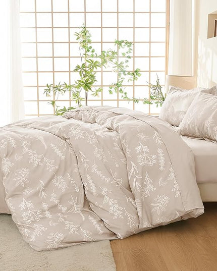 MUXHOMO Beige King Comforter Set, Elegant Floral Print Bed in a Bag 7 Pieces, Ultra Soft & Breathable Reversible Botanical Pattern Bedding Set with Comforter, Sheets, Pillowcases, and Shams