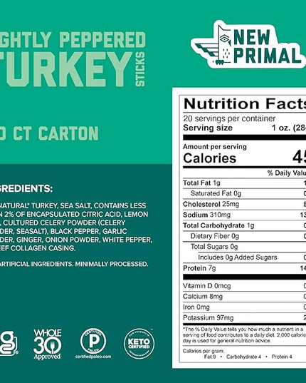 New Primal Lightly Peppered Turkey Sticks, Keto, Gluten Free Healthy Snacks, Sugar Free Low Carb High Protein, Jerky Meat Stick, 7g Protein, 80 Ct