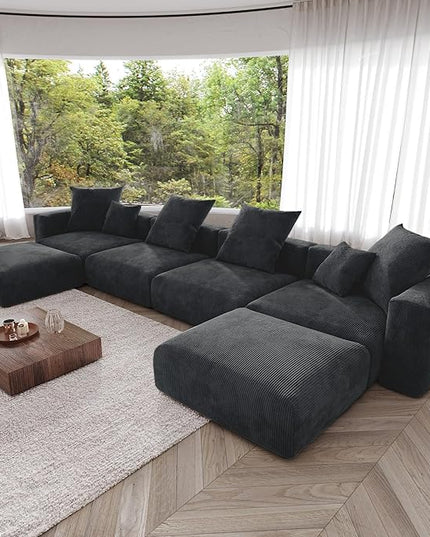 JACH 181" Oversized Modular Sectional Sofa, U-Shaped Deep 4-Seats Sectional Couch with Chaise Ottomans, Huge Plus Convertible Soft Sofas, Corduroy Minimalist Couches for Living Room, Apartment, Black