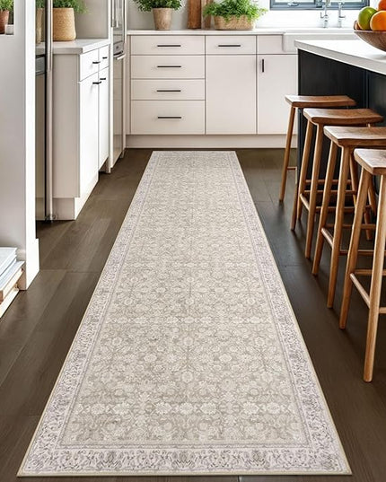 2.6x10 Washable Runner Rug for Kitchen, Cream Beige White Grey Soft Classic Runner with Non-Slip, Non-Shedding Distressed Floral Rug for Hallways Entryway Bedroom Laundry Indoor