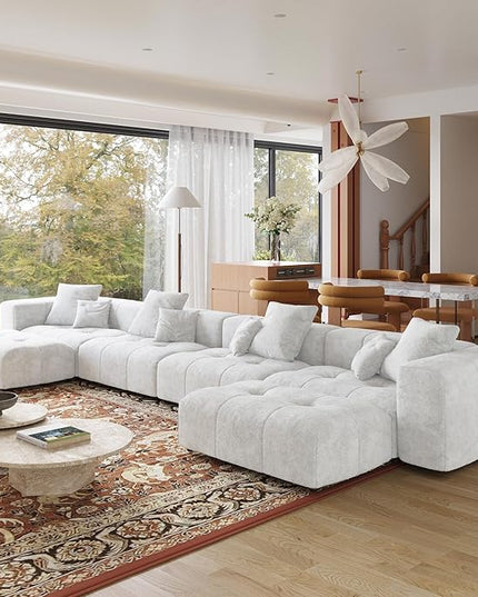 JACH 183.5 Inch U-Shaped Modular Sectional Sofas, Modern 4-Seater Couch with Chaise Ottomans, Mid Century Modern Sectional Couches, Cozy Sleeper Sofa for Living Room (Linen Fabric, White)