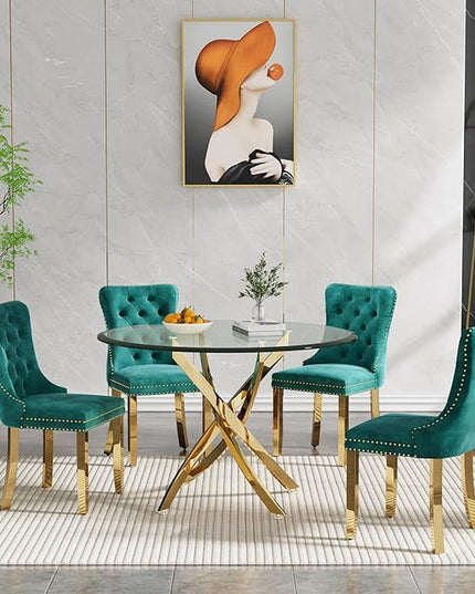 HomVent Round Glass Dining Table Set for 4, Modern Tempered Glass Kitchen Table Set and Chairs, Round Glass Dining Room Table Set for Kitchen (Gold, 36 inch Gold Table with 4 Green Chairs)