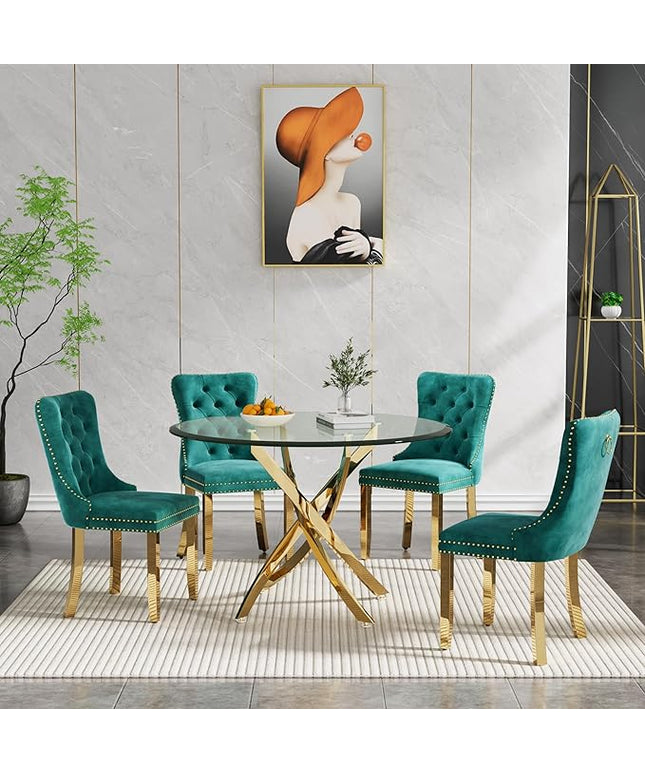 HomVent Round Glass Dining Table Set for 4, Modern Tempered Glass Kitchen Table Set and Chairs, Round Glass Dining Room Table Set for Kitchen (Gold, 36 inch Gold Table with 4 Green Chairs)