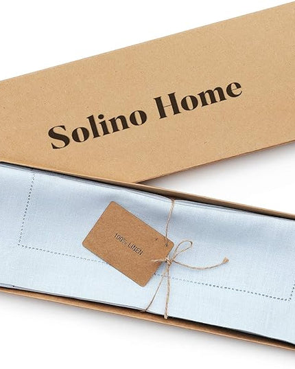Solino Home Linen Placemats Set of 4 - Classic Hemstitch Light Blue Placemats 14 x 19 Inch - 100% Pure Linen Table Mats for Christmas, Winter, New Year