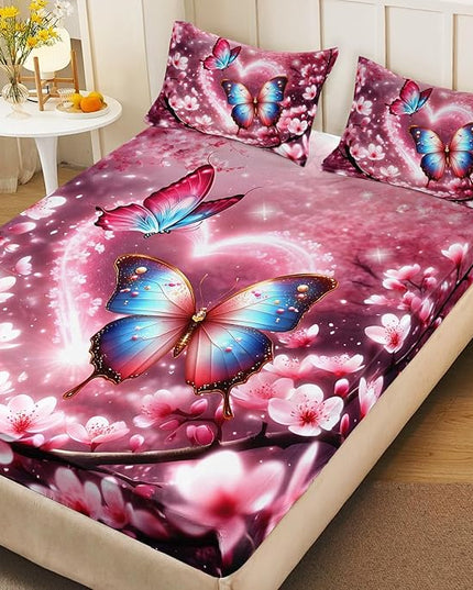 AILONEN Butterfly Butterfly Fitted Sheet Set for Girls,Pink Cherry Blossoms Butterflies Bedding Set Gifts Twin XL Size,Romantic Moments Bed Sheet Set for Cat Lovers,1 Sheet Set + 2 Pillowcase