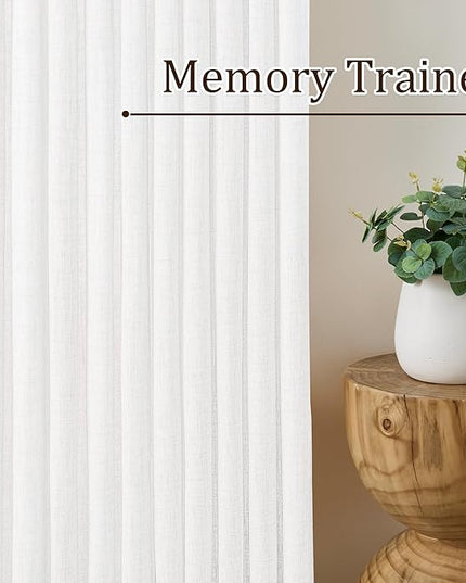 White Linen Pinch Pleated Semi Sheer Curtains 2 Panels 45 Inches Long, Back Tab with Hooks, Window Treatment Curtains for Bedroom Cabin 42 Inch Wide