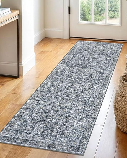 2x6 Washable Runner Rug for Hallways, Grey Brown Soft Neutral Vintage Kitchen Rugs with Non-Slip, Non-Shedding Distressed Floral Rug for Bedroom Kitchen Porch Laundry Entryway