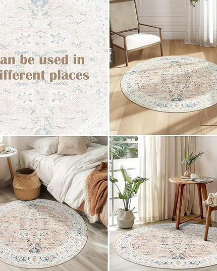 jinchan Round Rug 4ft Area Rug - Washable Boho Vintage Floral Circle 4' Round Floor Cover Lightweight Low Pile Thin Throw Non-Slip Carpet for Kitchen Living Room Bedroom Dining Room Office Pink Blush