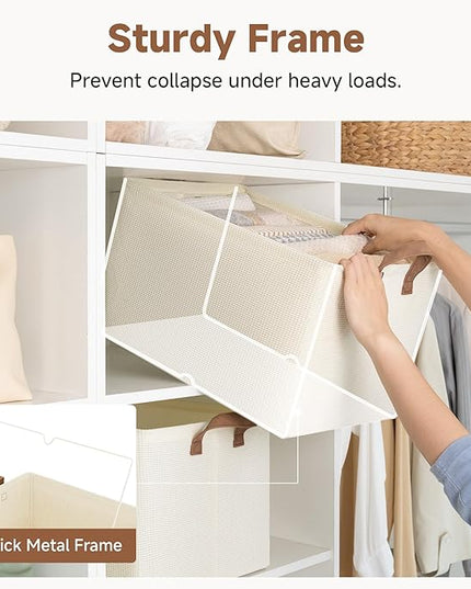 StorageWorks Storage Bins, Shelves Baskets for Organizing, 45L Extra Large Fabric Closet Organizers with Handles, Metal Frame, Beige（Texture）, 2-Pack