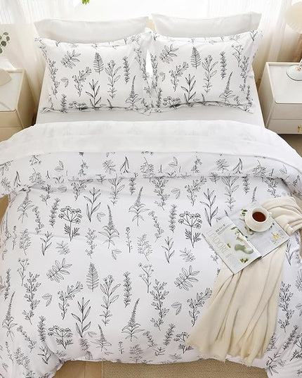 MUXHOMO White King Comforter Set, Elegant Floral Print Bed in a Bag 7 Pieces, Ultra Soft & Breathable Reversible Botanical Pattern Bedding Set with Comforter, Sheets, Pillowcases, and Shams