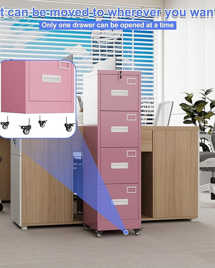 METAN 4 Drawer File Cabinet on Wheels, Lockable Metal Filing Cabinet with Handle and Name Card for Office Home,Assembly Required,Pink