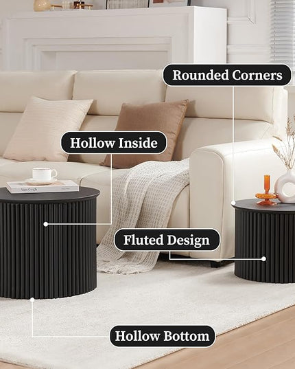 Small Fluted Round Nesting Coffee Table Set of 2, Mid Century Modern Coffee Table Circle Side Table, Wood Nesting Table Farmhouse End Tables Set for Living Room, Bedroom, Small Spaces(Black