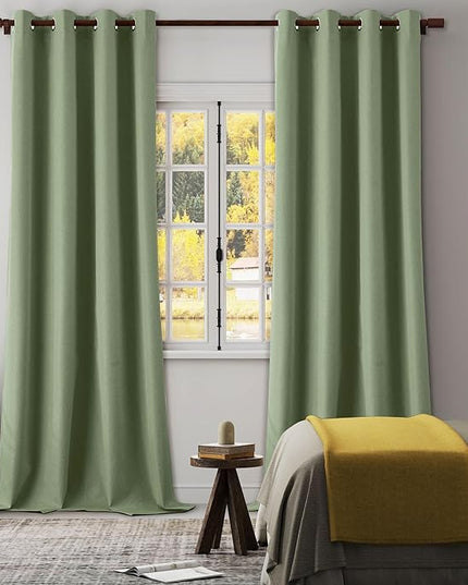 Sage Green 100% Blackout Curtains 95 Inches Long for Living Room, Thermal Insulated Lightweight Bedroom Linen Drapes, Room Darkening Grommet Curtains, Sage Green, W52 x L95, 2 Panels