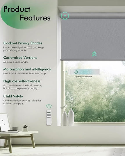 Yoolax Motorized Blinds with Remote, Blackout Remote Shades for Windows, Automatic Roller Shades Cordless Electric Blinds for Bedroom Living Room Office, Custom Size (Vinyl Light Gray)