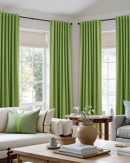 Guken 100% Blackout Curtains 120 Inch Length 2 Panels Set for Living Room Bedroom Back Tab Thermal Insulated Black Out Linen Drapes Room Darkening Lime Green,52x120