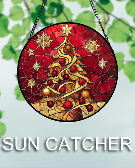 Stained Glass Window Hanging 4 Pcs Set Red Christmas Elk Snowflakes 7.8" - Deer Suncatcher Door Garden Sun Catcher Decor Birthday for Mom Woman Nana Men Friend