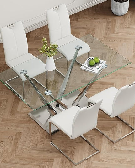 63'' Glass Dining Table for 4 or 6, 0.39" Tempered Glass Tabletop and Silver Stainless Steel Base, Large Dining Room Table for 6, Home Kitchen Table for Dining Room, Modern Dining Table for 6