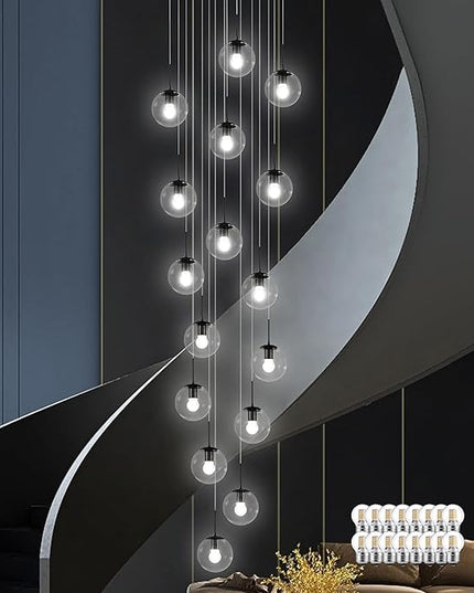 KoKo&Yukina 16-Light Black Mid Century Modern Chandelier for Living Room Staircase Chandelier for Entryway Clear Globe Glass Chandelier High Ceiling Chandeliers Foyer Entryway (Bulb & Remote Incl.)