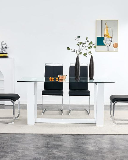 Ebullient Glass Dining Table, Modern Dining Table, 63" Tempered Glass Tabletop with White MDF Trapezoid Legs, Rectangle Kitchen Table for 4-6 Person, Ideal for Kitchen, Dining Room, Home, Apartment