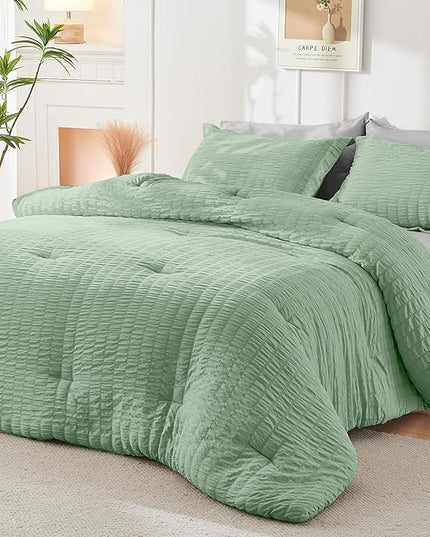 HYMOKEGE Sage Green/Light Grey Twin XL Comforter Set Seersucker 5 Pieces, All Season Luxury Bed in a Bag for Bedroom, Bedding Set with Comforter, Sheets, Pillowcase & Sham