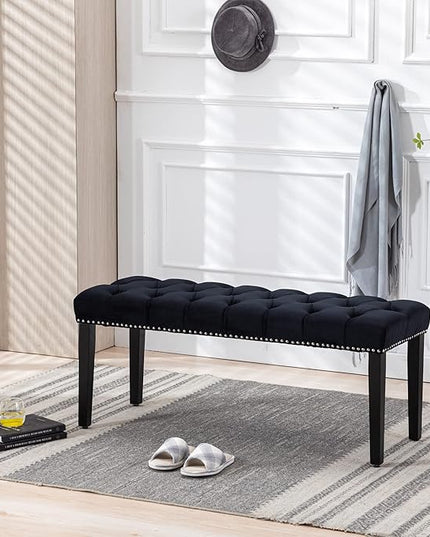 KCC Button-Tufted Ottoman Bench, Upholstered Bedroom Benches Velvet Footrest Stool Accent Bench for Entryway Dining Room Living Room Bedroom End of Bed, Black