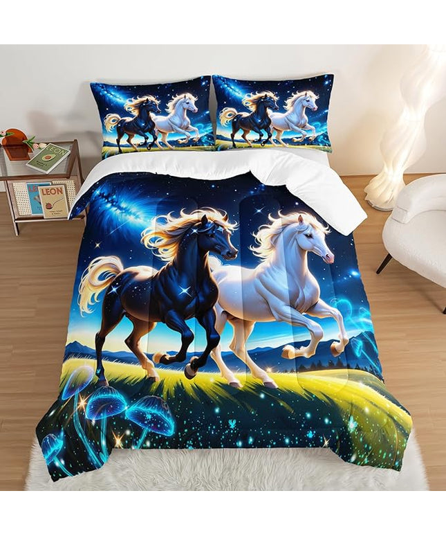 Western Bedding Sets Queen Size,Farmhouse Animal Theme Prairie Galloping Horse Comforter Set for Kids Girls Boys Room Decor,Dreamy Starry Sky Background Bedding Set with 2 Pillowcases.