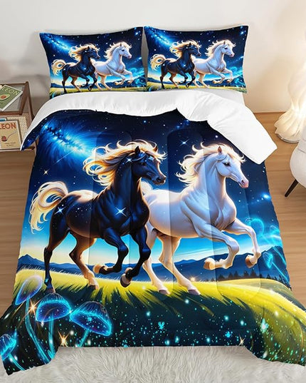 Western Bedding Sets Full Size,Farmhouse Animal Theme Prairie Galloping Horse Comforter Set for Kids Girls Boys Room Decor,Dreamy Starry Sky Background Bedding Set with 2 Pillowcases.