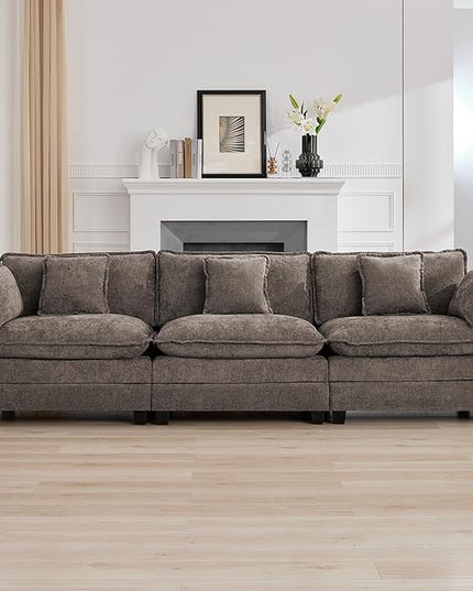 111'' Sectional Cloud Deep Seat Couch, Modern Comfy Chenille Modular Sectional Sofa for Living Room Set, Upholstered Modular 3-Seats Sofa Couch, Brown