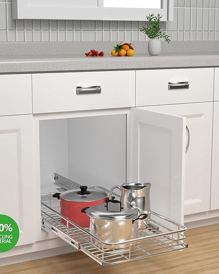 Cabinet Pull Out Shelves (14" W x 21" D), Heavy-Duty Pull Out Shelves for Kitchen Cabinets, Chrome-Plated Steel Slide Out Shelf