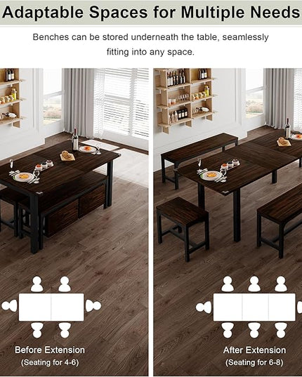 Feonase 5-Piece Dining Table Set for 4-8 People, 63" Extendable Kitchen Table Set with 2 Benches and 2 Square Stools, Dining Room Table with MDF Wood Board, Easy Clean, Dark Brown