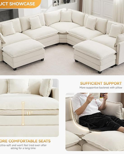 137'' V Shaped Cloud Sectional Sofa, Oversized Deep Seat Couches for Living Room, Chenille Comfy Upholstered Modular Sectional Sofa Couch with 2 Movable Ottoman, Beige