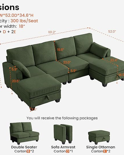 CHIC HOUSE Corduroy Modular Sectional Couch with Ottoman Chaise, L/U Shaped Sleeper Sofa for Living Room, Apartment, Lounge, Modern Armrest Neck Support Furniture (6 Seater Sectional, Green)