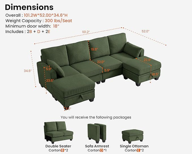 CHIC HOUSE Corduroy Modular Sectional Couch with Ottoman Chaise, L/U Shaped Sleeper Sofa for Living Room, Apartment, Lounge, Modern Armrest Neck Support Furniture (6 Seater Sectional, Green)