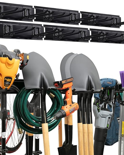 TIDYME Garage Tool Organizer Wall Mount - 96 inches - Sturdy Storage Rack with Adjustable Hooks, Anti-Rust - Easy Installation, 600lbs Capacity - Garden Tool Organizer (06 Racks & 12 Hooks)