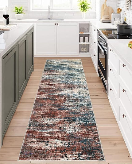 Washable Runner Rug 2x6 Modern Abstract Kitchen Rugs, Non Slip Bathroom Rug, Low Pile Laundry Room Soft Long Carpet for Hallway Bedroom Entryway, Red Multi