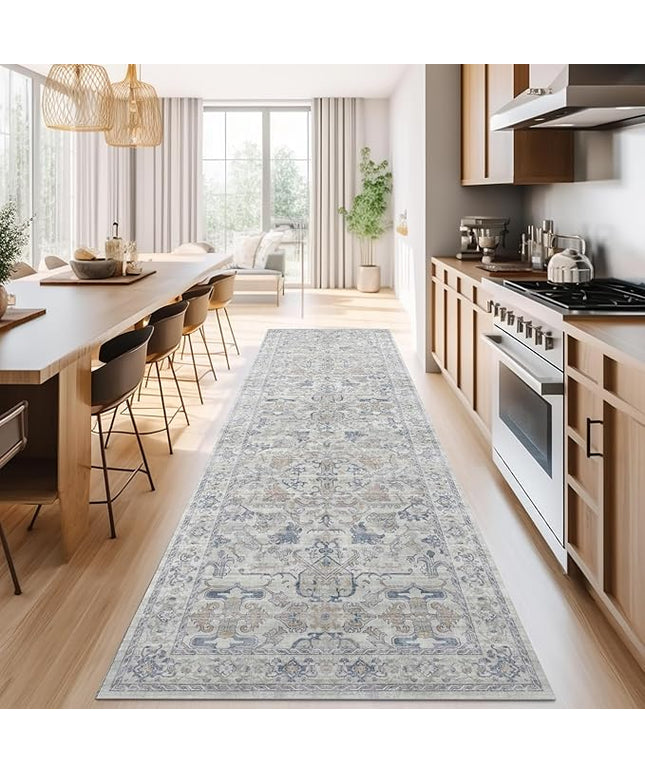jinchan Hallway Runner Rug 3x8 Machine Washable - Vintage Floral Non-Slip Low-Pile Soft Ultra-Thin Faux Wool Kitchen Rug Distressed Carpet Runner for Farmhouse Bedroom Laundry Room (3x8ft, Blue)