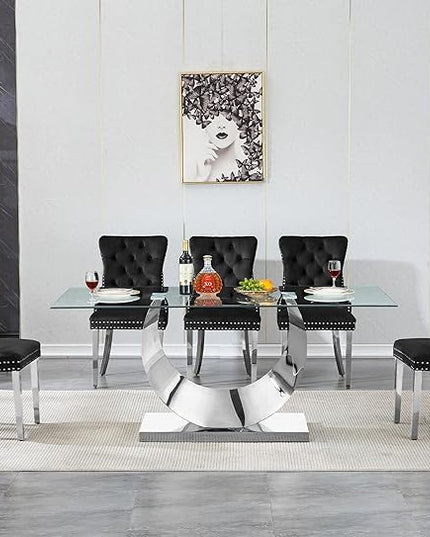 7 Piece Dining Table Set, Modern Glass Dining Table Set for 6, 70" Luxury Glass Table w/Silver Stainless Steel Base & 6 Black Tufted Chairs, Kitchen Dining Room Sets for 6 for Breakfast Dinner Dinette