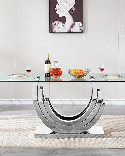 Goujxcy 70" Modern Glass Dining Table for 6-8, Luxury Silver Glass Dining Room Table with Mirrored Ring-Shape Stainless Steel Base, Rectangle Kitchen Dinner Tables for Dining Room Kitchen
