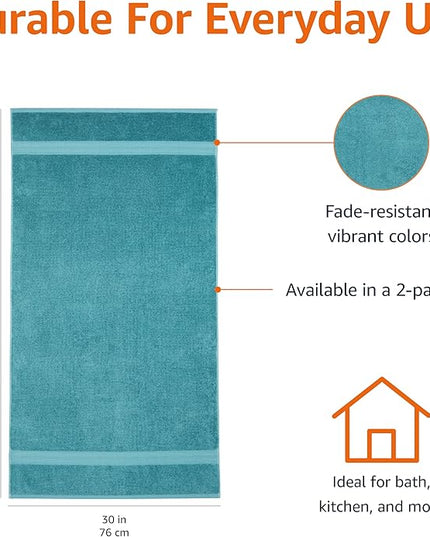 Amazon Basics Fade-Resistant 100% Cotton Bath Towel, 2 Pack, 30"x54", Teal Green