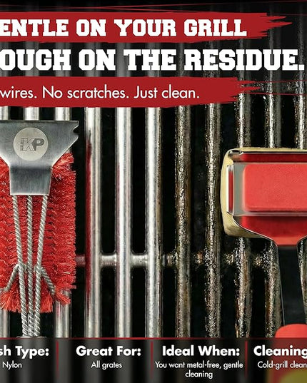 KITCHEN PERFECTION Nylon GrillSaver - Safe BBQ Grill Brush with Replaceable Cleaning Head -Heavy-Duty Grill Cleaner w/Scraper for Porcelain & Ceramic Grates, Includes Magnetic Hanger & Bottle Opener
