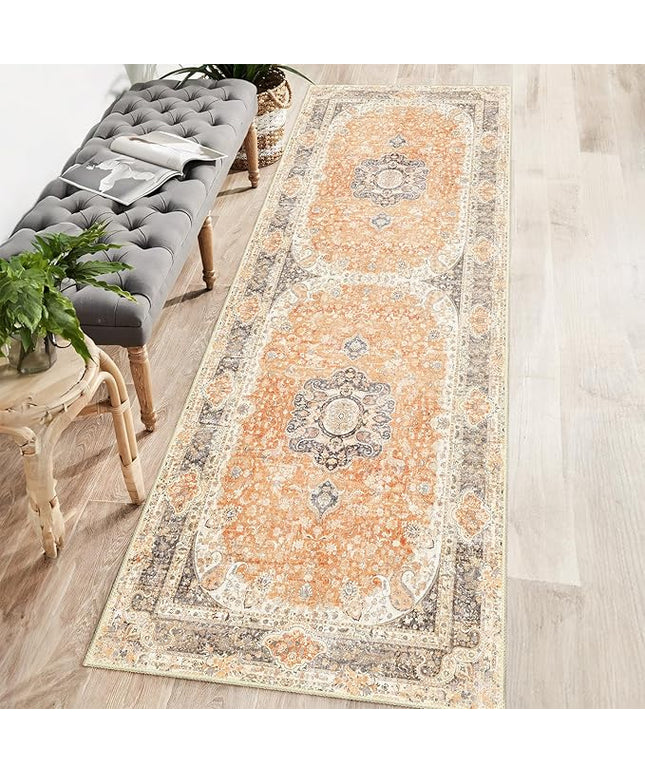 Washable Runner Rug 2x6,Boho Rug Runners Non Slip,Long Rugs for Hallways Kitchen Bedroom Entryway Bathroom,Vintage Bohemian Distressed Farmhouse Floor Carpet,Retro Orange Grey Floral